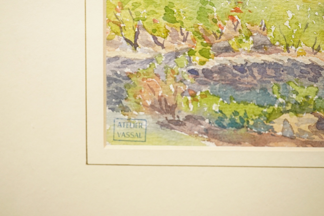 Jean Vassal (1902-1986), Trees beside a pond in a landscape, studio lamp lower left, watercolour, 17 x 24cm